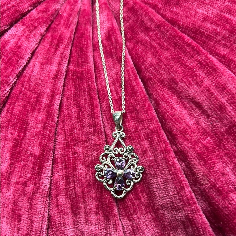 Intricate Sterling Silver and Purple and Black Gemstone Necklace